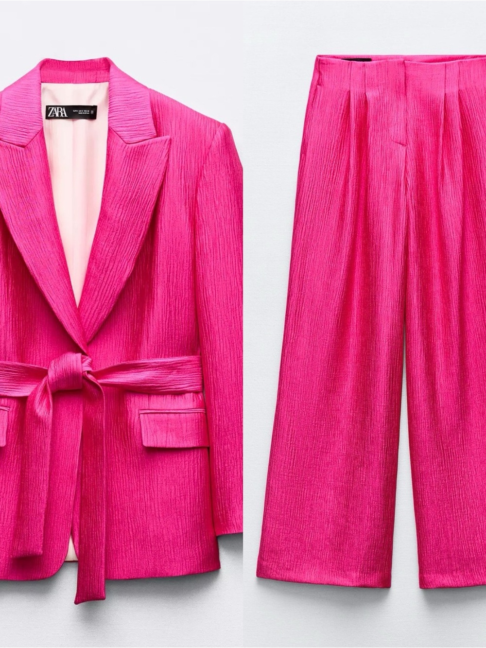 Zara sz M Hot Pink Textured Belted Blazer & Wide-Leg Pants new